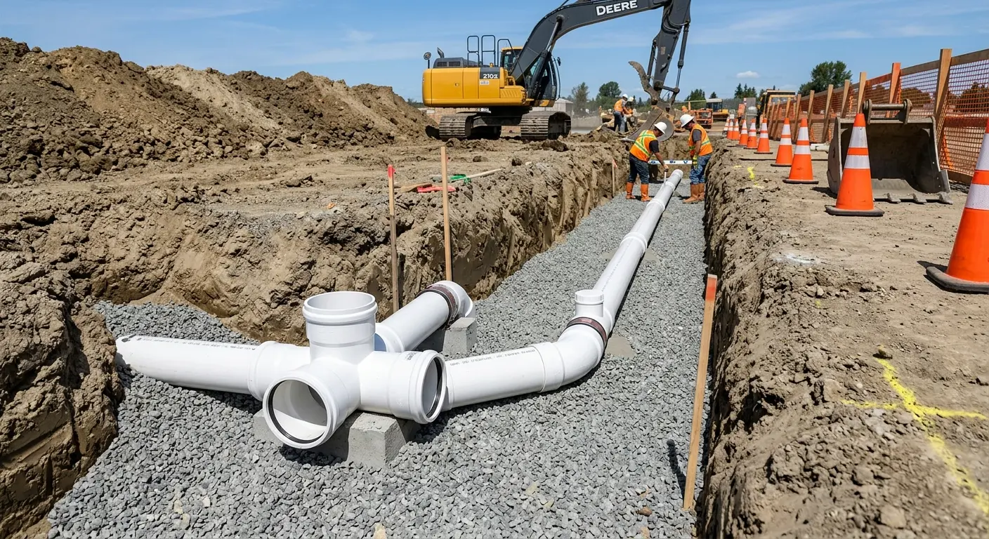 New PVC sewer pipe installation in open trench for Sewer Backup in Bear Valley Springs