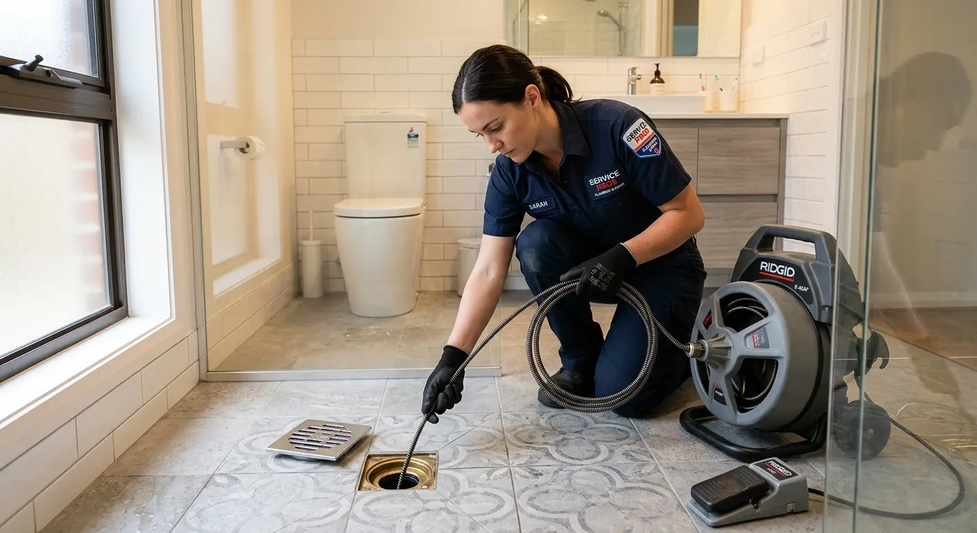 Technician clearing a bathroom floor drain for Sewer Line Installation in Bear Valley Springs
